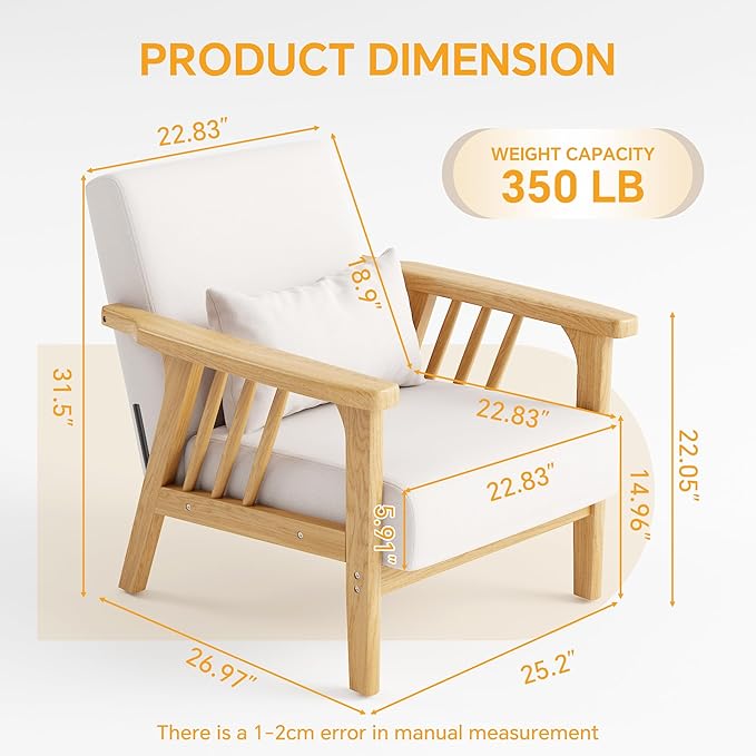 Solid Wood Accent Chair Mid-Century Modern Lounge Armchairs, Fabric Upholstered Soft Comfy Living Room Chairs with Armrest Waist Cushion Pillow for Office Reading Waiting Room (Natural)