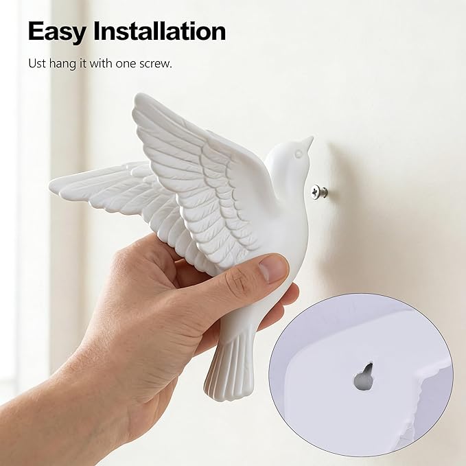 SHENGTIAN 3 Piece 3D Bird Wall Hanging - Wall Decor Flying Birds Wall Sculptures, Resin Relief Art Work for Home Wall Decor, Small Unique Wall Art with Adhesive (White)