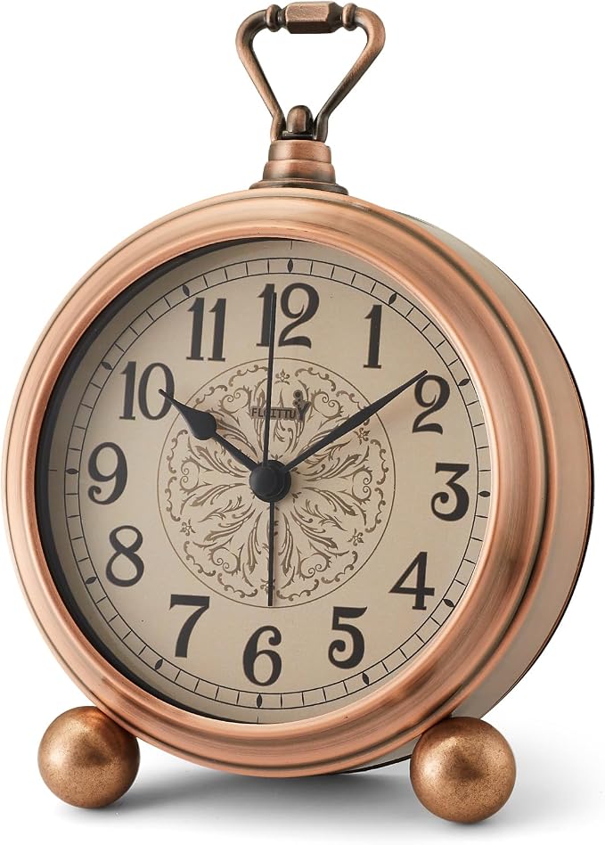 FLOITTUY 4.5" Battery Operated Antique Retro Analog Metal Alarm Clock, Silent Bedside Desk Clock, Wall-Hanging Vintage Clock(Exquisite Bronze)