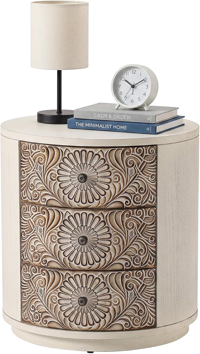 HOMPUS Round End Table with Carved Floral Pattern, Vintage Nightstand w 3 Storage Drawers, Modern 3 Drawer Dresser, Wood Retro Accent End Table for Living Room, Bedroom, Distress White