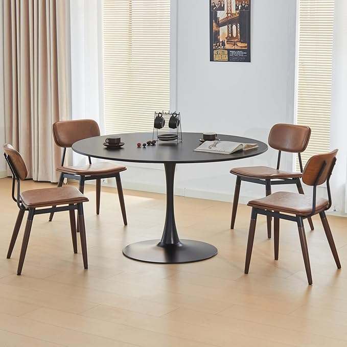 43.5" Tulip Table, Round Dining Table with Thickened Tabletop & Metal Pedestal, Mid Century Modern Bistro Circle Table for Kitchen, Small Places, Living Room, Cafe (Black)