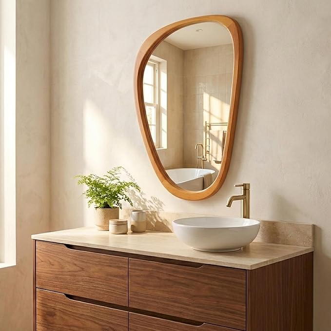 Irregular Asymmetrical Wall Mirror 30"×20" with Solid Wood Frame, Organic Mid-Century Modern Decorative Wall Mirror for Bedroom, Bathroom & Entryway
