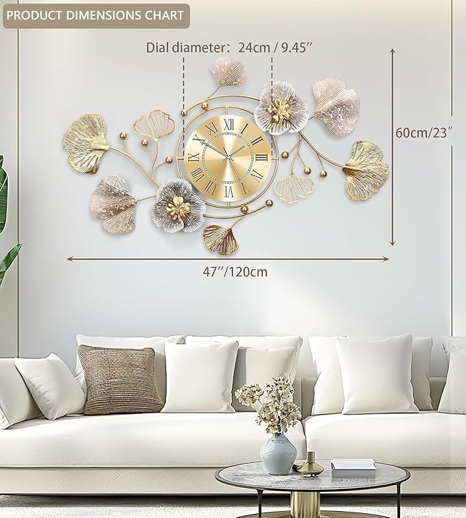 Clocks for Living Room, Large Wall Clock, 3D Silent Wall Clock, Retro Metal Ginkgo Leaf Design, for Bedroom Kitchen Decorative Wall Clocks（47''x23'' ）