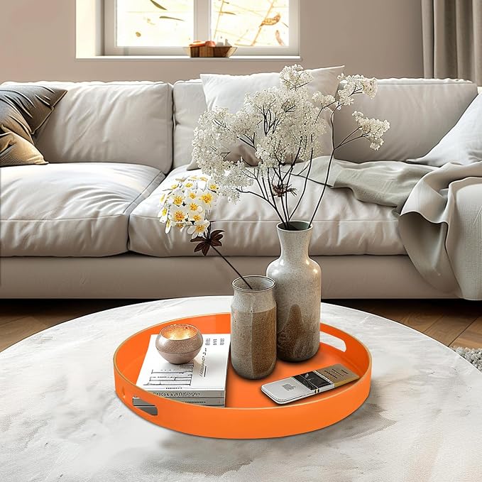 MAONAME 13" Round Tray, Orange Serving Tray with Handles, Modern Decorative Trays for Coffee Table, Plastic Ottoman Trays for Ottoman, Bathroom, Halloween Decor