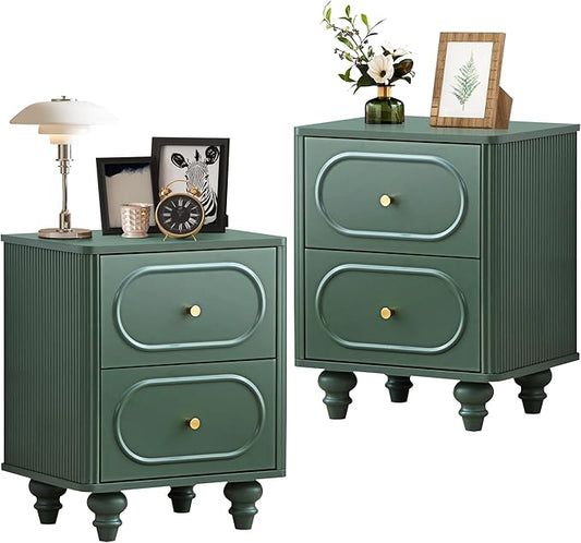 ORRD 2 Drawer Fluted Mini Small Dresser for Bedroom Set of 2, Mid Century Modern Nightstand Bedside End Table, Wood Storage Dresser Organizer for Bedroom, Green