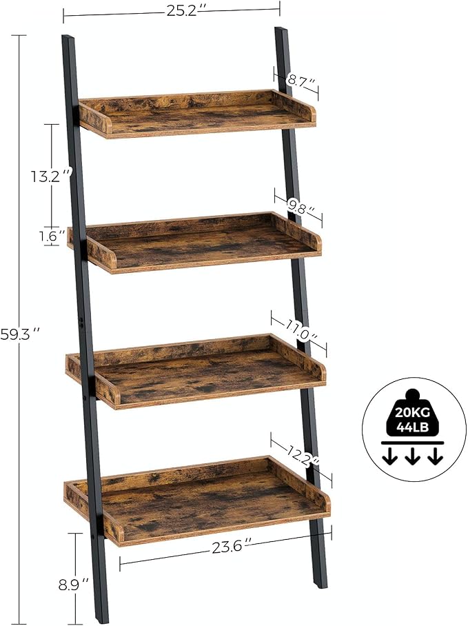 Rolanstar Bookshelf 4-Tier, Open Wall Mount Ladder Bookshelf, 71.8’’H Industrial Etagere Bookcase, Freestanding Bathroom Storage Rack Plant Stand for Living Room, Bedroom, Office, Rustic Brown