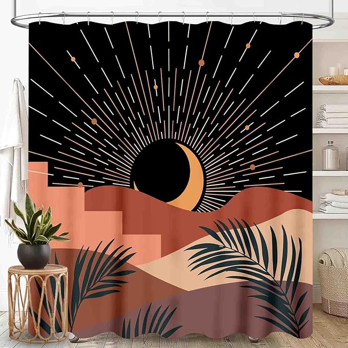 Mid Century Modern Shower Curtain, Boho Aesthetic Moon Phase Green Tropical Palm Leaves Abstract Minimalist Geometic Arch Waterproof Fabric Bathroom Shower Curtain Set with Hooks, 72"x78" Inch