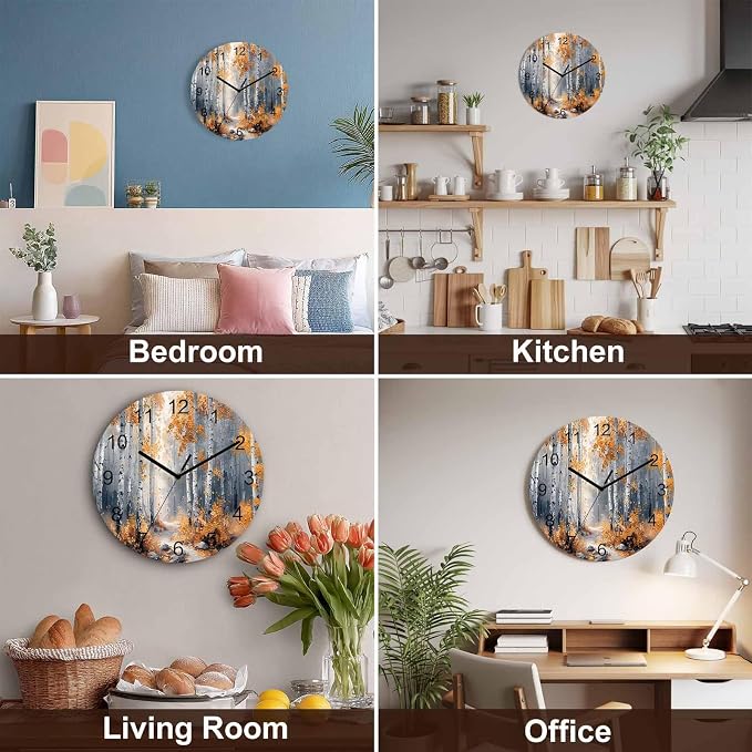 Yellow Forest Painting Art Style Wall Clock Battery Operated Non-Ticking 12" Round Wood Clocks, Kitchen Wall Clock for School Bathroom Living Room Home Office Wall Decor