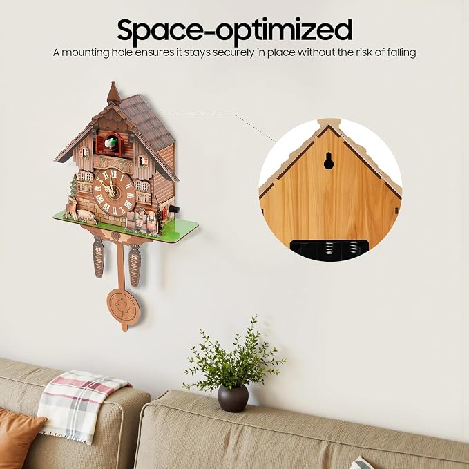 Cuckoo Clock, Retro Wooden Cuckoo Birdhouse Antique Wall Clock Forest Clock Home Decor Auto Swing with Singing Bird Vintage Chalet Design(No Battery) (Type B)