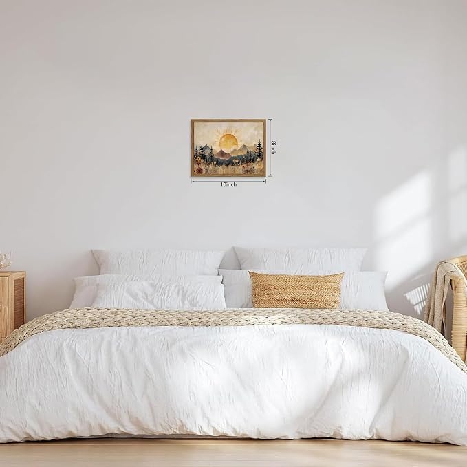 Framed Vintage Sunrise Mountain Landscape Wall Art, Golden Sunburst Meadow Forest Canvas Print, Retro Wildflower Nature Artwork, Rustic Boho Wall Decor for Living Room Bedroom Office 8x10in