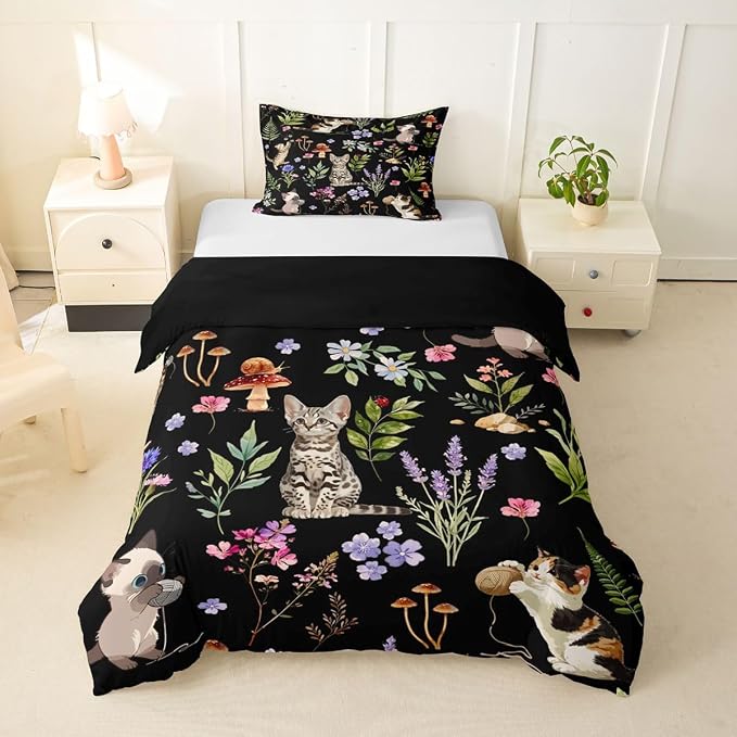 Erosebridal Cute Cat Comforter Cover Twin Kitten Cat Lovers Bedding Set Black Boho Watercolor Floral Duvet Cover for Kids Girls Boys Adults Funny Pet Animal Bed Set