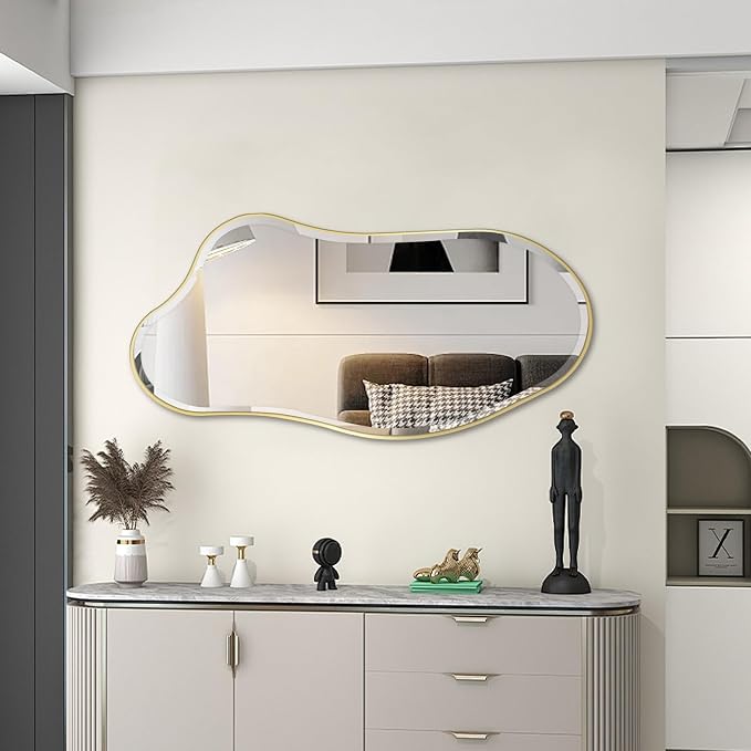 POZINO Irregular Beveled Mirror, 40"x20" Asymmetrical Vanity Wall Mirror with Gold Metal Frame, Organic Shape Mirrors for Entryway Bathroom Living Room Bedroom Hallway, Horizontal/Vertical Hanging