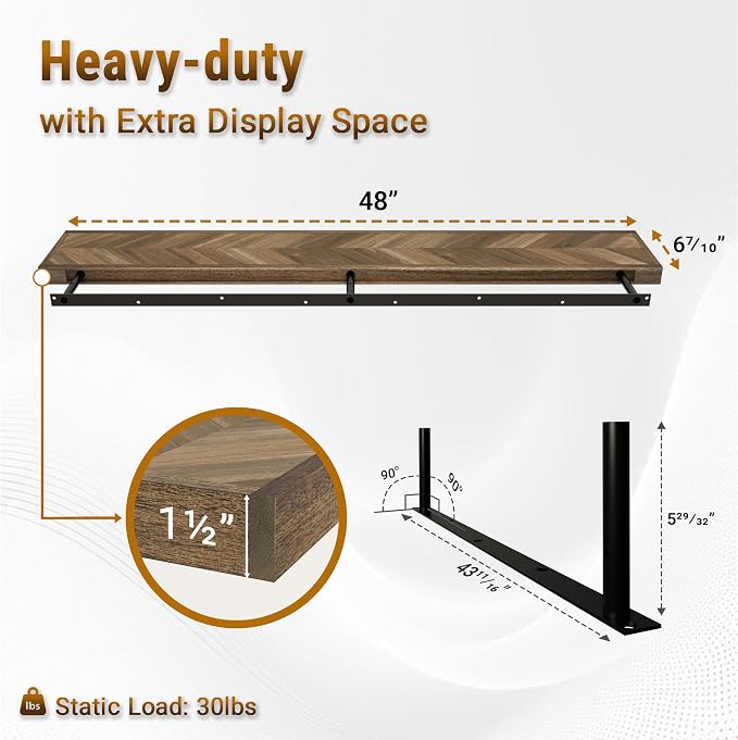 Howizz 48'' Chevron Floating Shelves for Wall, Acacia Wood Wall Mounted Shelves with Invisible Brackets, Rustic Wooden Shelf Set of 2 for Living Room, Bedroom, Bathroom, Kitchen Decor, Dark Walnut