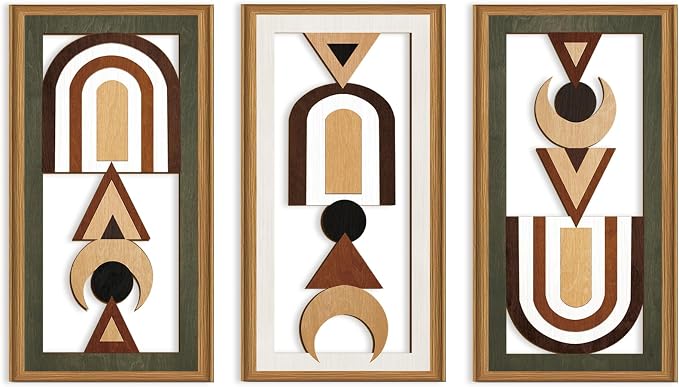 Ausril Geometric Aztec Wall Art,Minimalist Boho Geometric Wall Decor,Abstract Bohemian Wood Decor,Natural Modern Artwork,Mid Century Line Art Set,Modern Geometry Artwork for Living Room Bedroom Office