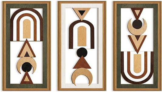 Ausril Geometric Aztec Wall Art,Minimalist Boho Geometric Wall Decor,Abstract Bohemian Wood Decor,Natural Modern Artwork,Mid Century Line Art Set,Modern Geometry Artwork for Living Room Bedroom Office