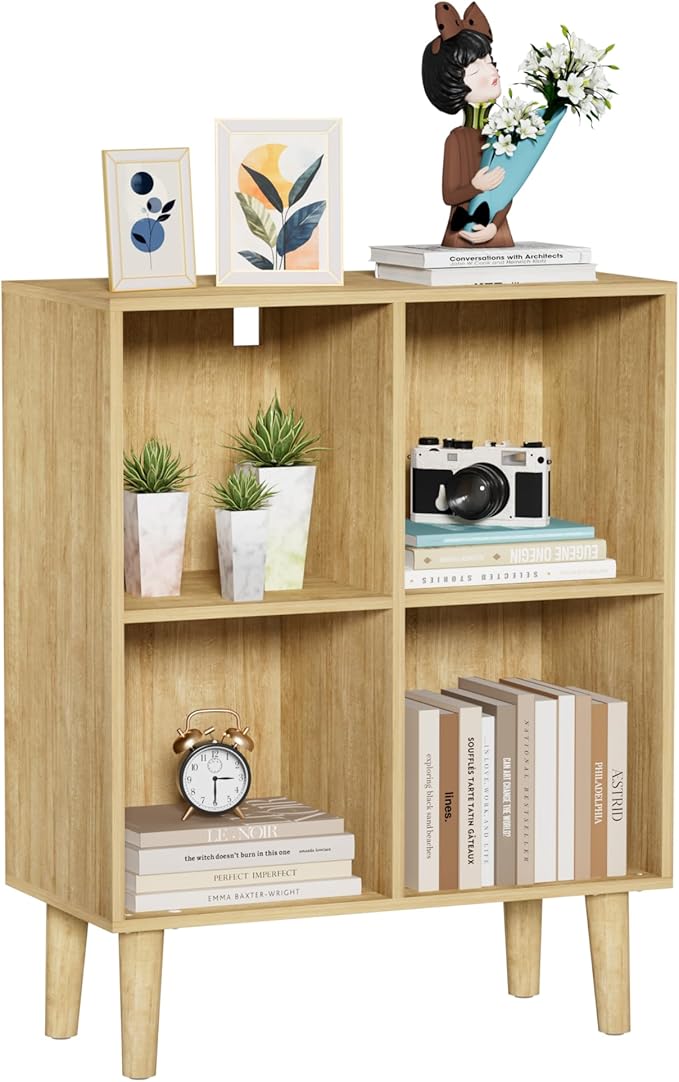 4 Cube Bookcase, Wooden Book Shelf Cube Storage Organizer with Legs, 2 Tier Bookshelf Freestanding Open Shelves for Living Room, Bedroom, Home Office (Oak, 4 Cube)