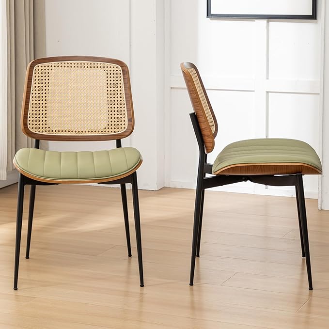 Rattan Dining Room Chairs Set of 2,Mid Century Modern Green PU Leather Kitchen Chair,Upholstered Seat Metal Legs Chair with Adjustable Foot Pads,Walnut Armless Side Chairs