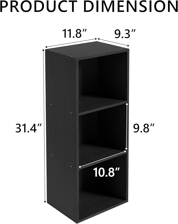 Wooden 3 Cube Storage Organizer, 3 Tier Storage Cubes Storage Display Cubby,Freestanding DIY Closet Shelving Unit for Living Room Bedroom Office(Black, 3 Cube-W(11.8inch)