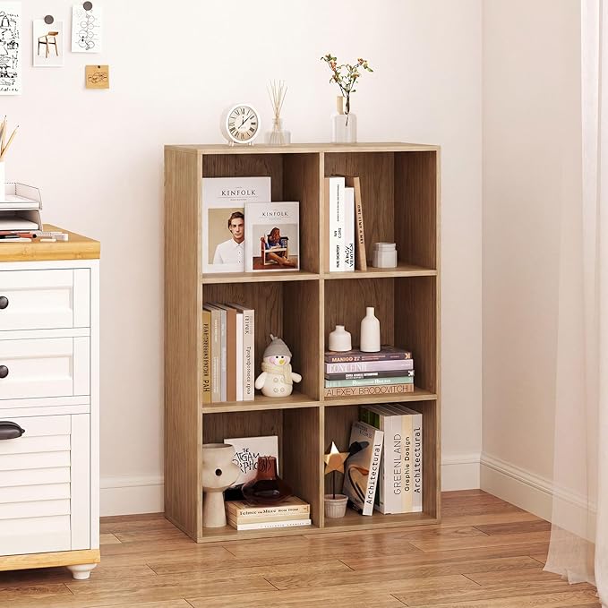 Tangkula 6-Cube Bookcase, Large Floor Standing Horizontal Bookshelf with 6 Open Shelves & 2 Anti-Tipping Kits, Home Office Wooden Storage Book Shelf for Living Room, Study (Natural, 6-Cube)