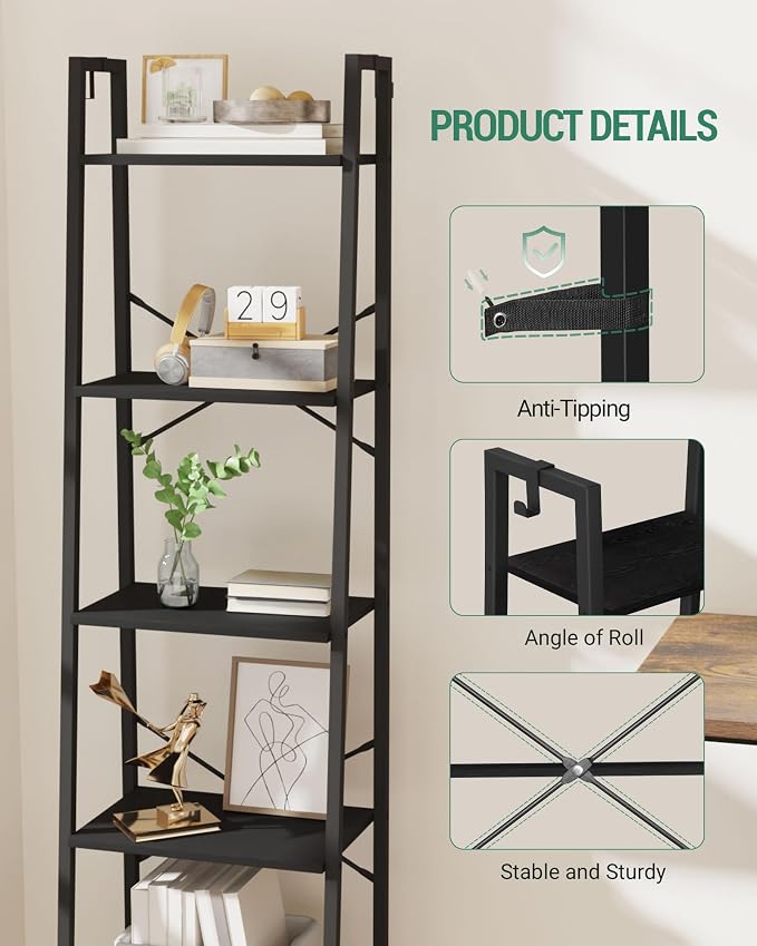 Hzuaneri Ladder Shelf, Bookshelf Bookcase, Freestanding Corner Storage Shelve with 2 Hooks for Home Office, Living Room, Kitchen, Bedroom, Industrial, 11.8" D x 17.3" W x 63" H, Black BC19204B