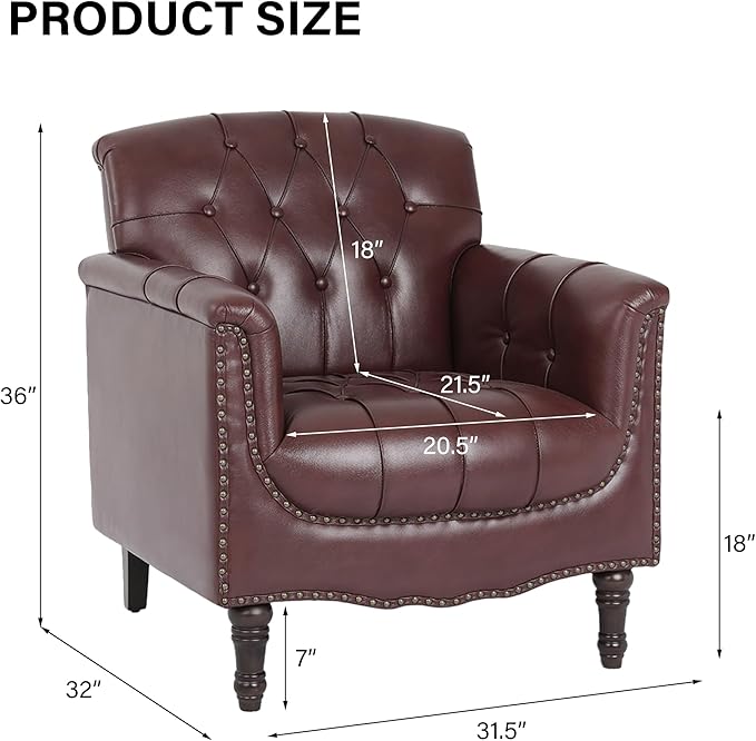 Faux Leather Accent Chair, PU Leather Modern Comfy Upholstered Armchair with Wood Legs & Nailhead Trim for Living Room, Bedroom (Red,Set of 1)