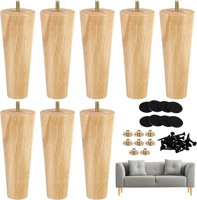 Ruisita 8 Pieces Furniture Couch Legs 6 Inch Round Solid Wood Sofa Legs with M8 T-Nuts Natural Wooden Couch Legs Replacement Leg for Armchair Cabinet Chair Mid Century Modern Dresser, Natural Wood