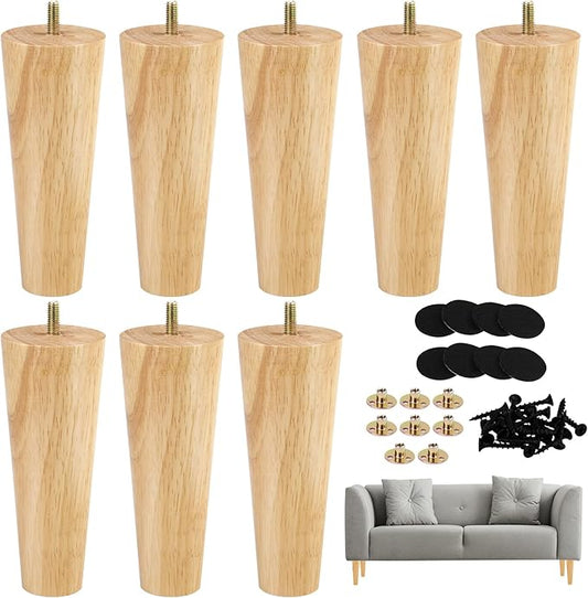Ruisita 8 Pieces Furniture Couch Legs 6 Inch Round Solid Wood Sofa Legs with M8 T-Nuts Natural Wooden Couch Legs Replacement Leg for Armchair Cabinet Chair Mid Century Modern Dresser, Natural Wood