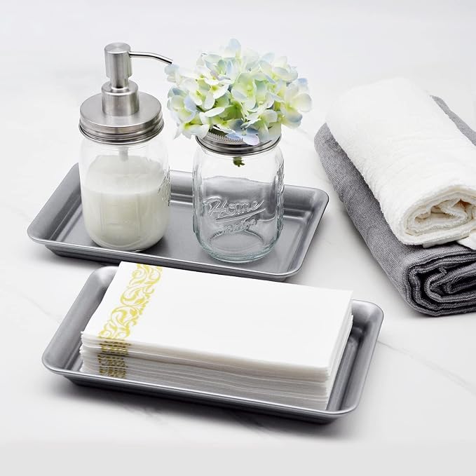 SheeChung Metal Vanity Tray, 2 Pack Guest Hand Towel Storage Tray, Farmhouse Countertop Organizer Decor, Sturdy Vintage Holder for Perfume, Cosmetics, Jewelry, Makeup, Bathroom- Grey