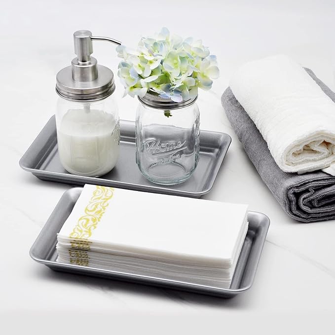 SheeChung Metal Vanity Tray, Guest Hand Towel Storage Tray, Farmhouse Countertop Organizer Decor, Sturdy Vintage Holder for Perfume, Cosmetics, Jewelry, Makeup, Bathroom- Grey