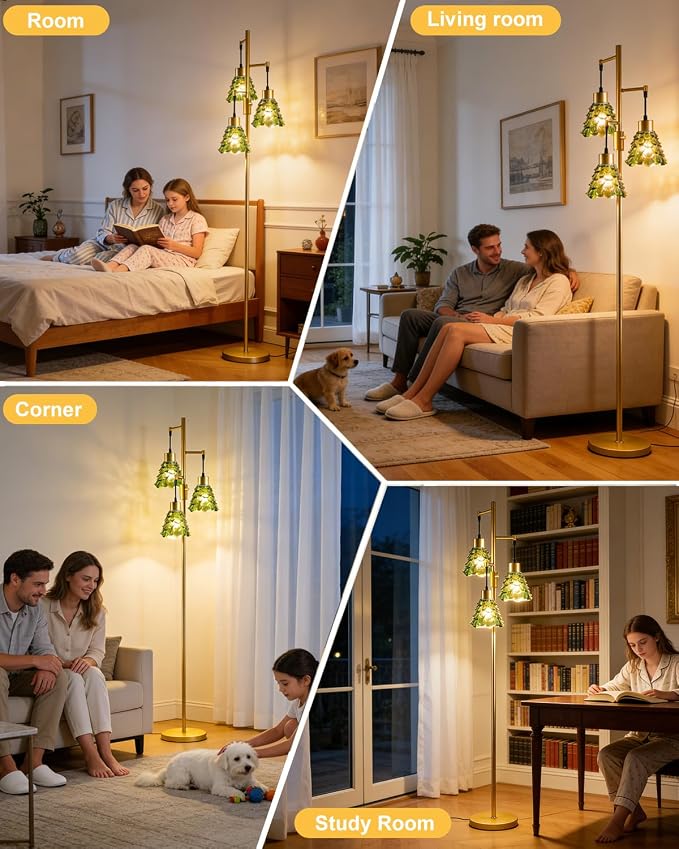 3-Light Modern Glass Floor Lamp, Gold Standing Tall Lamp with Green Pinecone Glass Shade for Reading, Dimmable LED Floor Lamp with 5Lbs Heavy Base for Living Room Bedroom Home Decor, Bulb Included