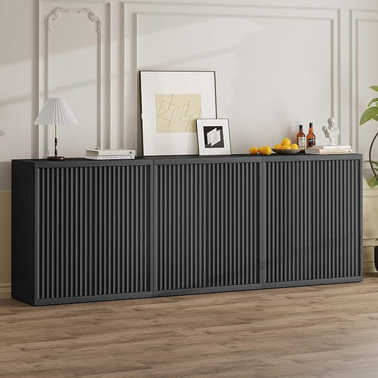 31” Sideboard Cabinet with Storage, Fluted Accent Cabinet with Adjustable Shelves, Modern Wood Credenza Cabinets with Pop-up Doors for Entryway Kitchen Living Room Hallway, Black 3pcs