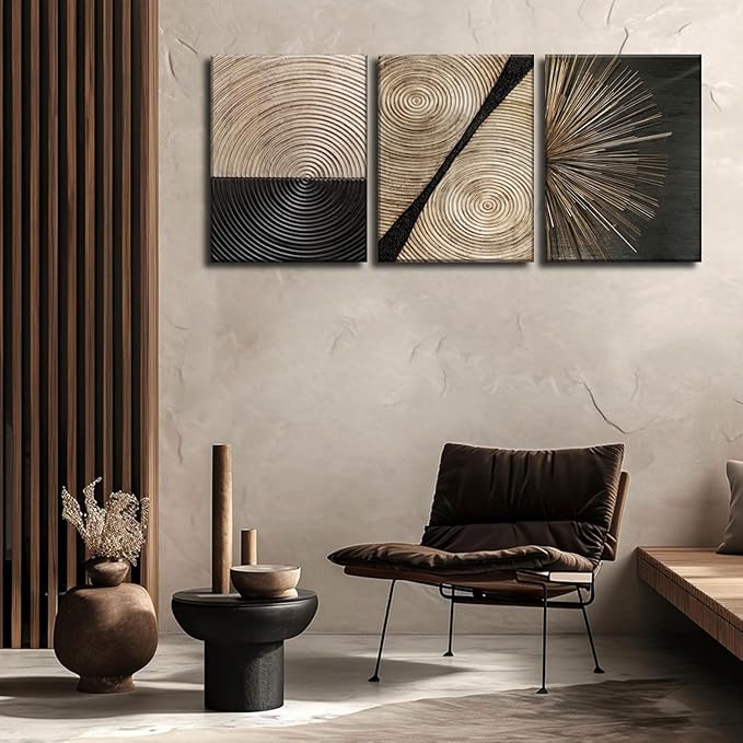 3Pcs Retro Wood grain Abstract Canvas Wall Art Minimalist Black Golden Line Texture Wall Decor Pictures Neutral Geometric Beige Brown Poster Prints for Living Room Bedroom Home Decoration 16x24in