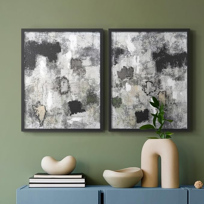Renditions Gallery Set of 2 Peel & Stick Framed Prints, Abstract Wall Art, Hand Painted Black and White Pattern Wall Decor, Re-Stickable - Ready to Hang - 11"x14" - Black Frame LT588