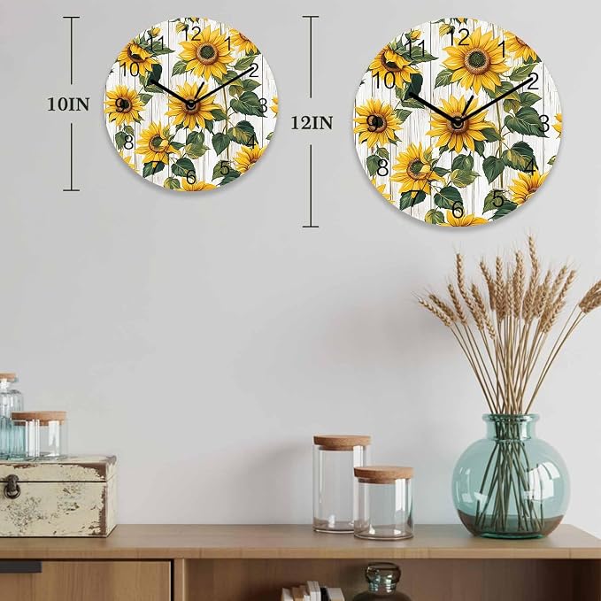 Sunflower Wall Clock Battery Operated Non-Ticking 12" Round Wood Clocks, Vintage Style Yellow Floral Grey Wood Grain Kitchen Wall Clock for School Bathroom Living Room Home Office Wall Decor