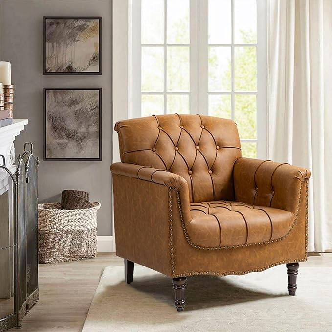 Pia Ricco Modern Tufted Accent Chair, Single Faux Leather Armchair with Nailhead Trim & Wood Legs, Comfortable Upholstered Seat for Living Room, Office - Camel