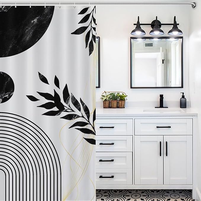 Boho Mid Century Leaf Shower Curtain,Arch Sun Design,Minimalistic Leaves Pattern Luxurious Washable Waterproof Fabric for Bathroom Decor Bathtub with 12 Hooks 72x72in (183x183cm)