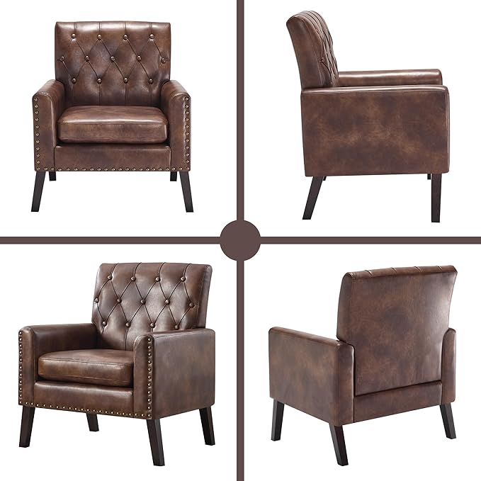 Mid Century Modern Accent Chair, Dark Brown Faux Leather Office Chair for Reception - Tufted Leather Club Chair for Living Room, Bedroom, or Waiting Room