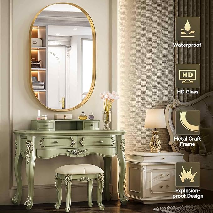 Brightify Gold Oval Mirror for Wall 24x36 Inch, Bathroom Vanity Mirrors Gold Metal Framed, Modern Mirror for Bedroom Living Room Wall Decorative Hang Vertical and Horizontal