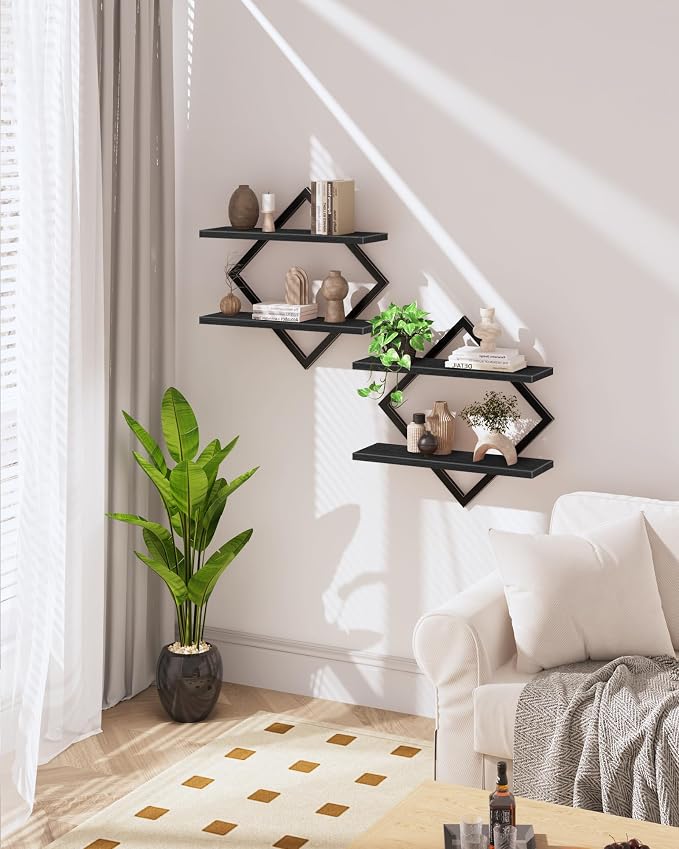 CHOEZON Floating Shelves, Set of 2 Wall Shelves, 2-Tier Hanging Shelves, Wall Shelf Set of 2, Wall Mounted Shelves, for Living Room, Bedroom, Kitchen, Office, Study, Black TBJ01P2BB