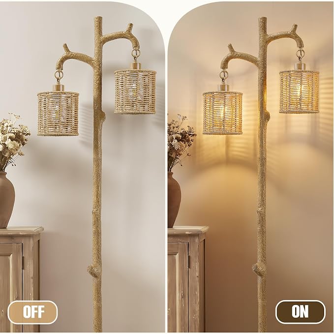EJIAXIN Floor Lamp for Living Room - 69" Farmhouse Tree Trunk Standing Lamps - Country Resin Tall Lamp with 2 Rattan Lampshade - Rustic Floor Lamp for Bedroom Office Home Decor