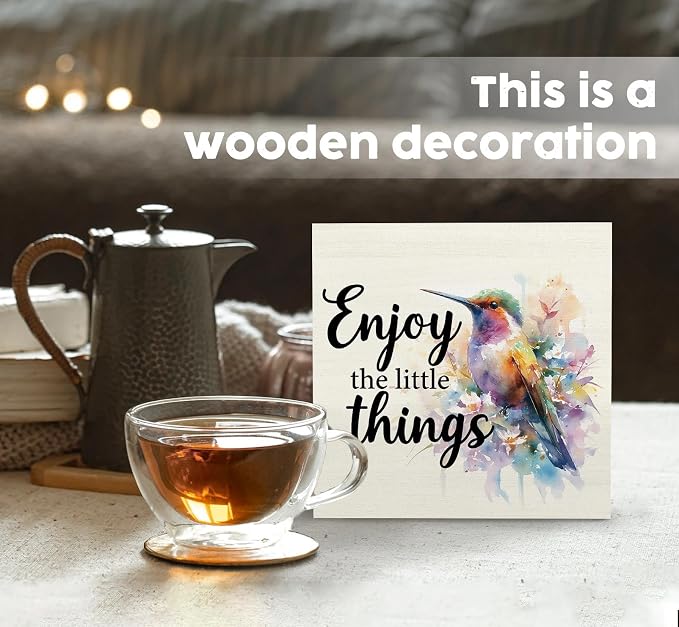 Hummingbird Decor - Hummingbird Gifts For Women, Inspirational Wooden Box Signs, Enjoy The Little Things Motivational Wood Decoration Home Decor For Desk Table Shelf 8x8 Inch Decorative Signs & Plaques