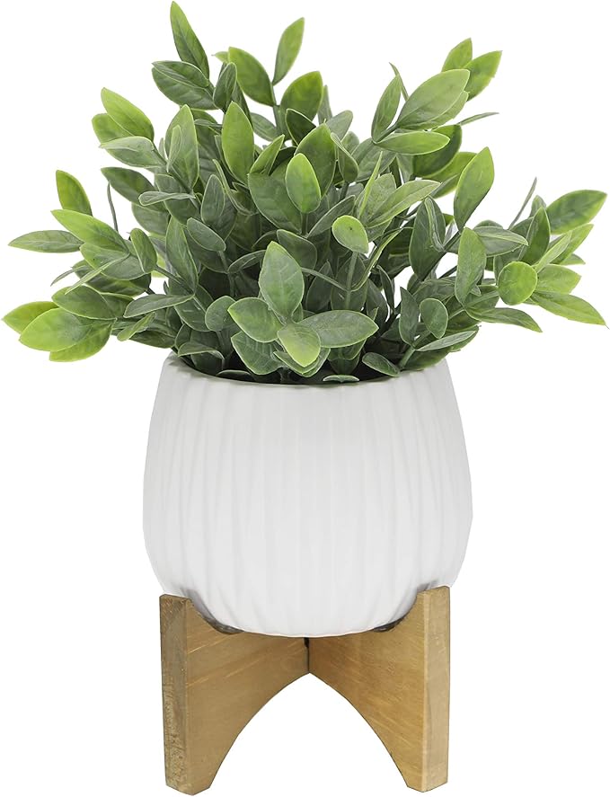 Flora Bunda Artificial Plant Tea Leaf in 5 in Ridge Ceramic Pot on Wood Stand,Matte White