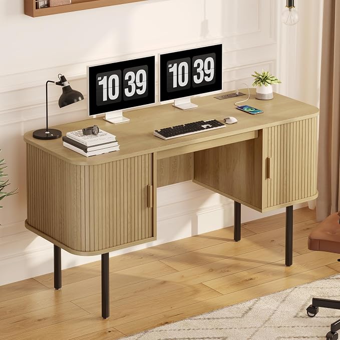 ONBRILL 55 Inch Fluted Computer Desk with Charging Station, Mid Century Executive Desk with 2 Storage Cabinets, Modern Home Office Large Desk with Metal Legs for Working, Studying, Writing Oak