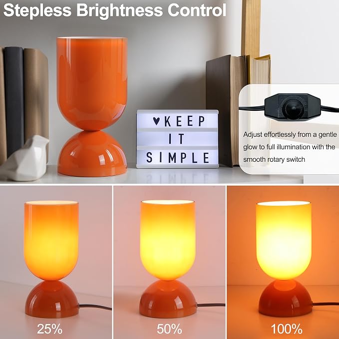 8.9" Modern Glass Table Lamp for Living Room, Dimmable Desk Lamps for Bedroom, UL Listed Nightstand Lamp with Dome Base, End Table Lamps for Home, Side Tables, College Dorm, Office, Glossy Orange