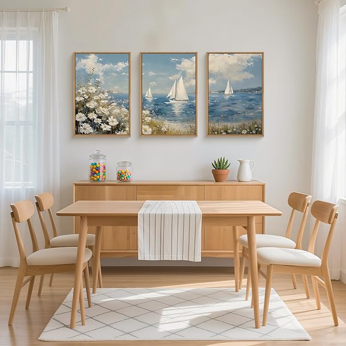 FWIEXA Beach Coastal Wildflower Canvas Wall Art Framed, Ocean Sailboats Pictures Wall Decor, Flower Seascape Painting, 3 Pieces 16x24In Nautical Blue Sky Artwork for Living Room, Bedroom, Bathroom, Rustic Farmhouse