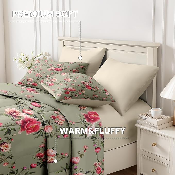 Nesker 7 Pcs Comforter Set Queen Size, Vintage Floral Beige Bedding Set for Kids and Adults, Rose Flower Pink Sheets Bed Sheet Sets with Fitted Sheet 2 Pillowcases & 2 Shams