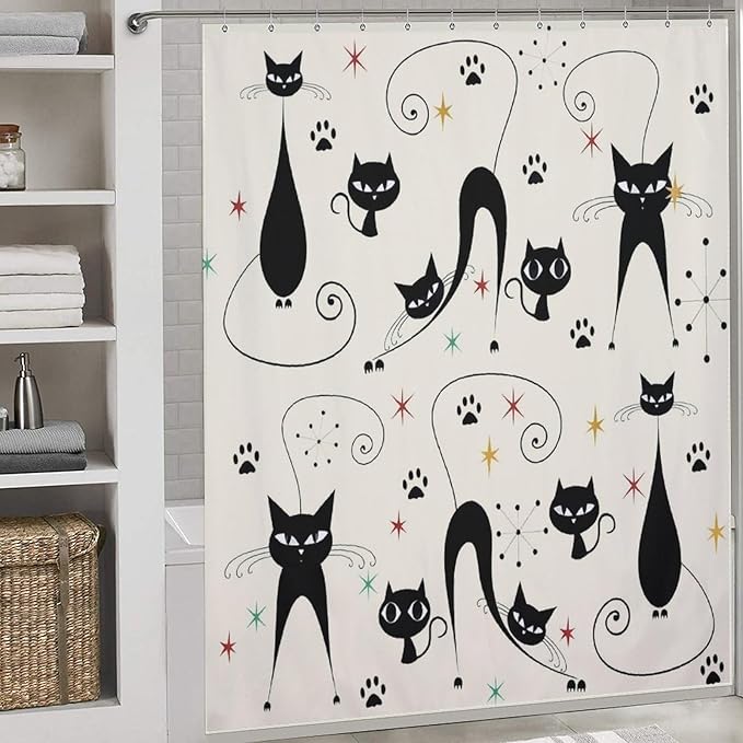 Mid Century Modern Shower Curtain,Retro Atomic Cat Star Paw Print Retro Abstract Geometric 1960s Fabric Bathroom Decor Curtains with Hooks 72x72in（183x183cm）