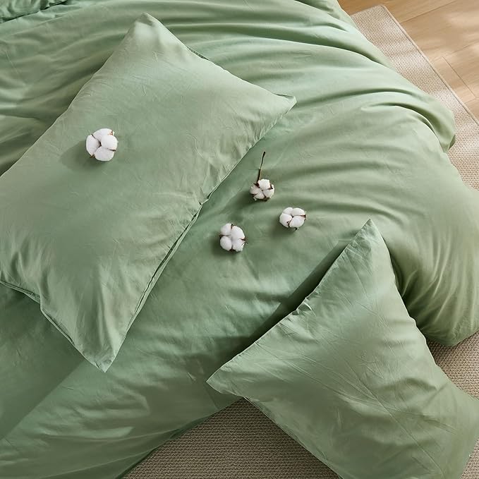 100% Washed Cotton Duvet Cover Queen Size – Sage Green, Linen-Like Texture, Super Soft & Breathable Bedding Set, 3-Piece Durable Percale Comforter Cover
