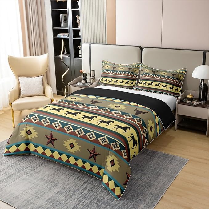 100% Cotton Horse Duvet Cover Twin Texas Star Bedding Set Aztec American Southwestern Bull Skull Comforter Cover Green Blue Abstract Geometric Native Tribal Room Decor Quilt Cover for Teens