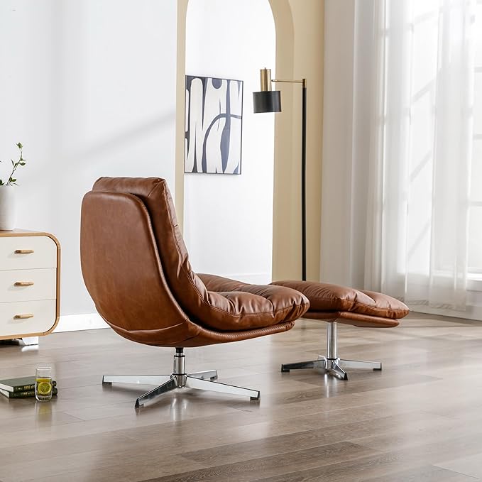 Swivel Accent Chair with Ottoman, Mid Century Modern Faux Leather Lounge Chair with footrest, Comfy Oversized Armchair with 360 Degree Metal Base for Living Room/Bedroom, Brown